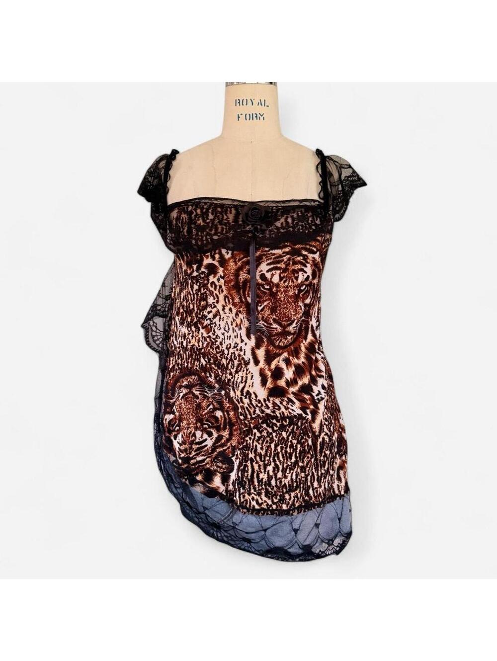 Vintage Y2K Leopard Print Mesh Lace Cami in Brown